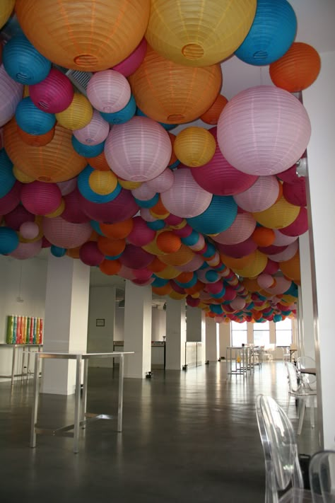 Custom Paper Lantern Lighting and Ceiling Decoration. Ceiling Paper Lanterns, Paper Lanterns Ceiling, Paper Lantern Installation, Classroom Ceiling Lights, Paper Lantern Ceiling Decor, Ceiling Decorations For Prom, Decorations Hanging From Ceiling, Whimsical Ceiling Decor, Event Ceiling Decor