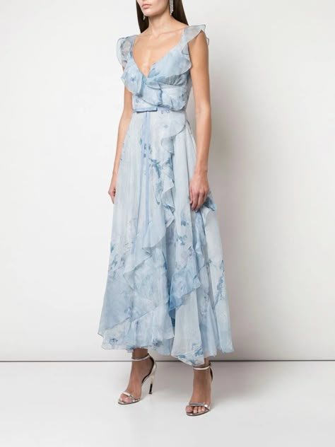 Pig Dress, Tea Length Bridesmaid Dresses, Blue Bridesmaid Dresses, Dreamy Dress, Chiffon Gown, Tea Length Dresses, Chiffon Ruffle, Floral Blue Dress, Long Bridesmaid Dresses