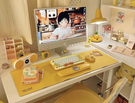 Yellow Gaming Setup, Kawaii Gaming Room, Aesthetic Gaming, Gaming Aesthetic, Cozy Workspace, Room Yellow, Study Desk Decor, Studio Desk, Desk Inspo