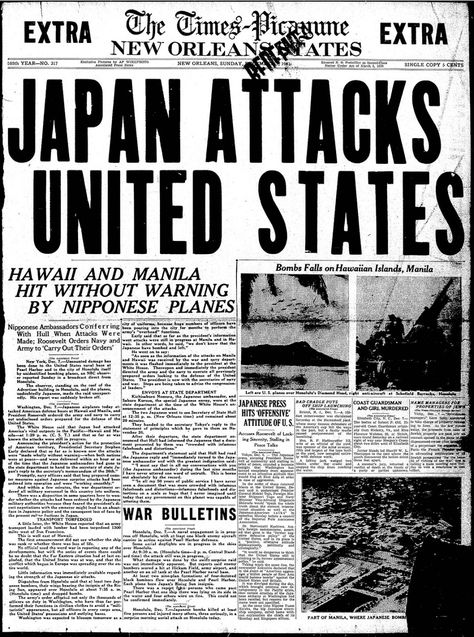 Headline about Japanese surprise attack on Pearl Habor. Pearl Harbor 1941, Remember Pearl Harbor, Newspaper Front Pages, Pearl Harbor Attack, Newspaper Headlines, Historia Universal, Historical Newspaper, Vintage Newspaper, Newspaper Article