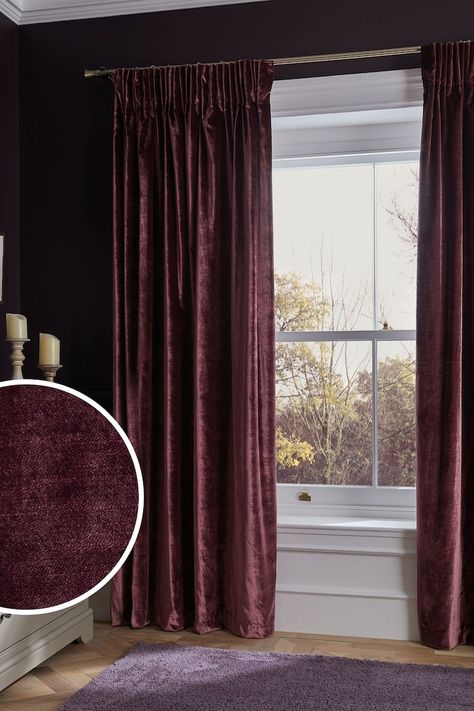 Plum Purple Collection Luxe Heavyweight Lined Plush Velvet Pencil Pleat Curtains Deep Purple Decor, Purple Curtains Bedroom, Plum Living Room, Maroon Curtains, Plum Living, Burgundy Curtains, Office Curtains, Burgundy Walls, Rococo Furniture