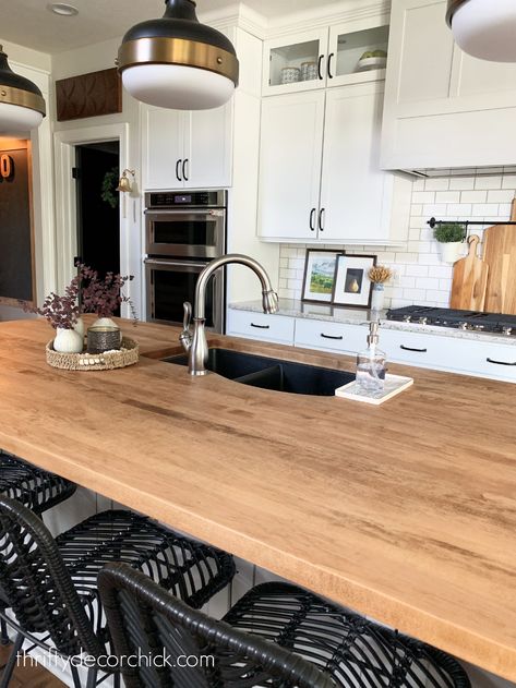 How our wood counters have held up years later | Thrifty Decor Chick | Thrifty DIY, Decor and Organizing Butcher Block Island With Sink, Walnut Island Countertop, Diy Butcher Block Island, Diy Wood Counters, Diy Butcher Block Counter, Wood Island Countertop, Butcher Block Counters, Wood Counters, Diy Butcher Block