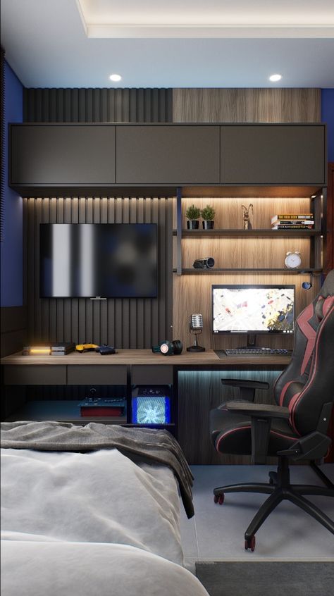 Built In Gaming Station, Teenage Boys Bedroom Ideas Gamer, Boy Gamer Room, Teenager Room Ideas For Boys, Teenager Boys Bedroom Ideas, Boys Room Ideas Teenagers, Small Gamer Bedroom, Room Desk Ideas, Boys Room Gamer