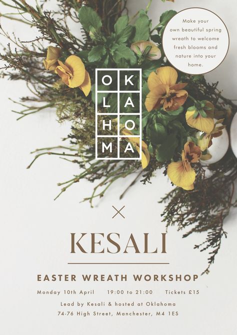 We have collaborated with the wonderful flower studio Kesali to create a spring floristry workshop.  Learn a new skill and create your very own spring wreath encompassing seasonal foliage and flowers. We hope your creations will bring organic beauty to your home for this beautiful season of new life. Floristry Workshop, Eclectic Gifts, Flower Studio, Wonderful Flowers, Manchester England, Wreath Making, Learn A New Skill, Easter Wreath, Easter Wreaths