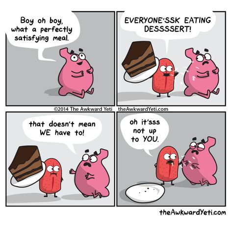 Tongue finds out that everyone is eating dessert. Awkward Yeti Comics, Brain Vs Heart, Heart And Brain Comic, Heart Vs Brain, Sarah's Scribbles, Awkward Yeti, The Awkward Yeti, Hilarious Stuff, Made Me Laugh