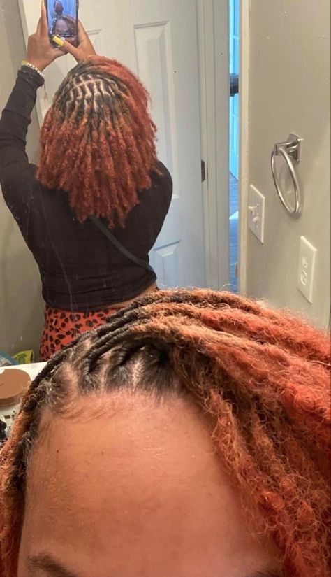 Ginger Tips Locs, Locs With Skunk Stripe, Locs Dyed Black Women, Dyed Dreads Black Women, Color Locs Black Women, Skunk Stripe Locs, Dread Color Ideas Locs, Loc Color Ideas Black Women, Dyed Locs Black Women