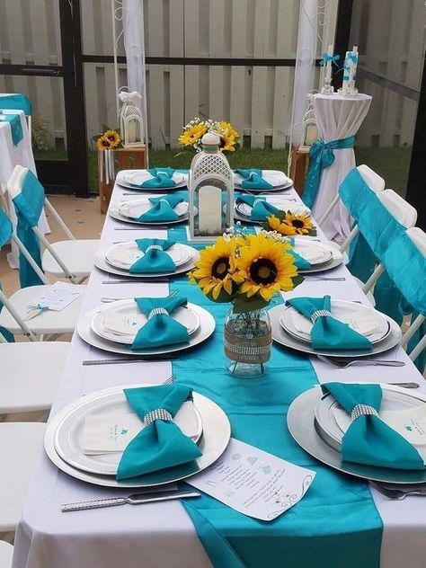 Green Sunflower Wedding, Bling Table Setting, Sunflower Wedding Table, Teal Centerpieces, Bling Table, Sunflower Wedding Centerpieces, Blue Sunflower Wedding, Teal Blue Weddings, Tiffany Blue Wedding Theme