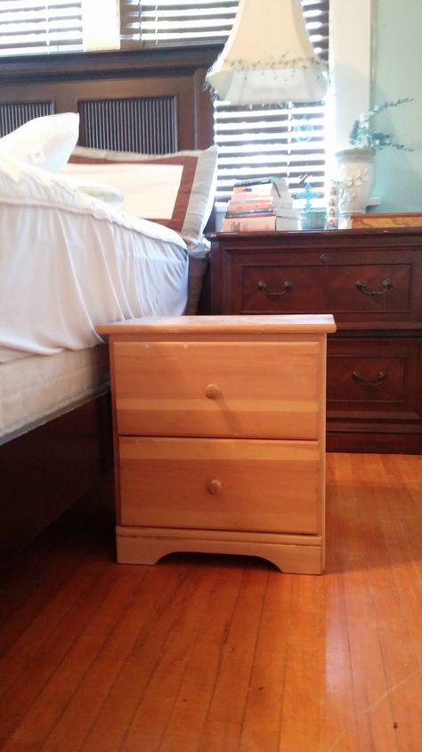 Nightstand Lower Than Mattress, Make Nightstand Taller, Adding Feet To Nightstand, Height Of Nightstand To Bed, How To Make A Nightstand Taller, Tall Nightstand Ideas Diy, Add Legs To Nightstand, Adding Legs To Nightstand, Nightstand Height To Bed Guide