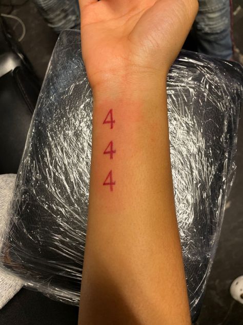 Red Tattoo On Wrist, Red Ink Number Tattoo, Angel Number Tattoo Above Knee, Red Stick And Poke Tattoo, 444 Wrist Tattoo, Angel Number Tattoo 444, Red 444 Tattoo, Red Small Tattoos, Silly Tattoos