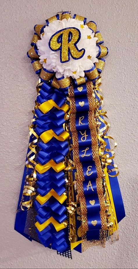 Blue & Gold Homecoming Mum Cheerleading Diy, Big Homecoming Mums, Unique Homecoming Mums, Mums Homecoming Ideas, Texas Mums, Homecoming Mums Senior, Purple Mums, Texas Homecoming Mums, Homecoming Spirit