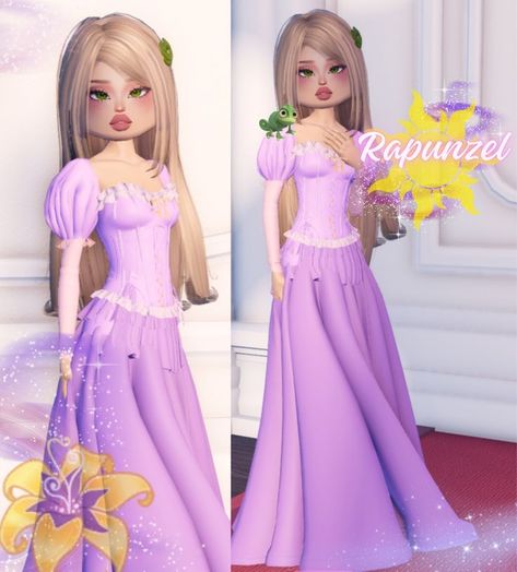 How To Make Rapunzel In Dti, Rapunzel Hair Inspiration, Tangled Dress To Impress, Rapunzel Dti Outfit, Dress To Impress Rapunzel, Princess Dti Ideas, Dti Outfits Princess, Dress To Impress Layering, Dti Princess Outfit Ideas