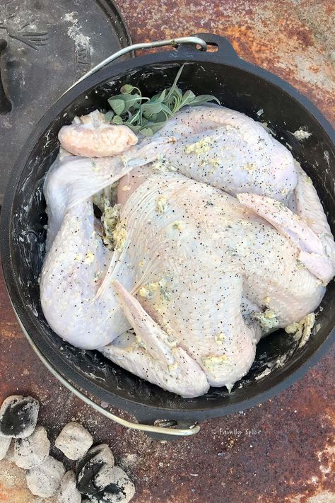 This Dutch Oven Roast Turkey is smothered in garlic sage butter and will turn your outdoor Thanksgiving into a fragrant traditional feast. It can be cooked on the campfire or grill or even indoors in a regular oven. #dutchoven #camping #camprecipes Dutch Oven Turkey Thanksgiving, Turkey Dutch Oven Recipes, Turkey In Dutch Oven, Dutch Oven Roast, Dutch Oven Turkey, Roast In Dutch Oven, Oven Turkey, Turkey Roasting, Cast Iron Skillet Cooking