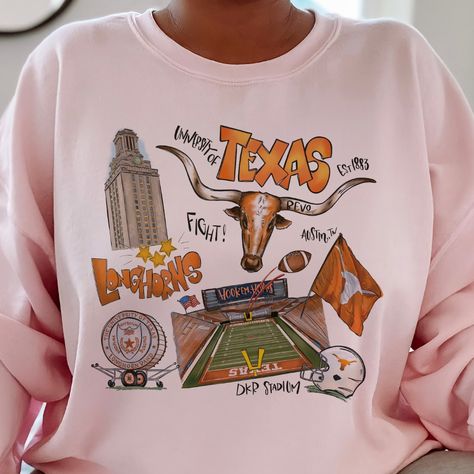 Showcase Your Longhorn Pride With Our 'University Of Texas Illustrated' Sweatshirt, A Vibrant Tribute To The University Of Texas. Featuring Iconic Austin Landmarks And Spirited Designs, Each Sweatshirt Is A Wearable Piece Of Art. Proudly Crafted By Our Small Business, It's Available In A Range Of Colors And Sizes. Hook 'Em Horns! Fendi Sweater, Chloe Sweater, Desert Bloom, Asos Sweater, Boho Sweater, University Of Texas, Open Knit Sweater, Fall Sweatshirt, Chunky Knits Sweater