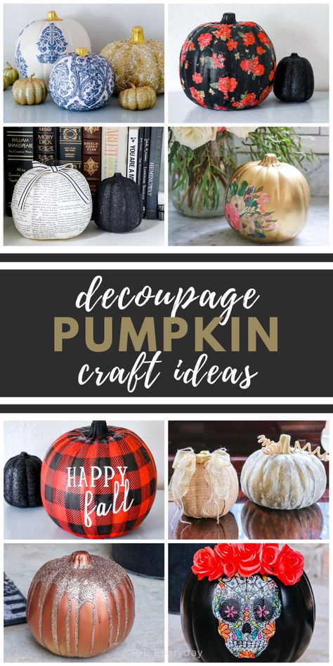 Pretty pumpkins for your fall craft and decorating inspiration. I'm sharing 10 different beautiful decoupage pumpkins foam craft pumpkin ideas. Including decoupage pumpkins with napkins (including pretty damask pumpkins), DIY pumpkins with fabric (lace covered pumpkins and DIY burlap pumpkins), Mod Podge tissue paper pumpkins (including buffalo plaid pumpkins and floral black pumpkins), a Día de los Muertos pumpkin, and more. Click or visit FabEveryday.com for all the Mod Podge pumpkins! Michaels Craft Pumpkin Ideas, Decorating Paper Mache Pumpkins, Midge Podge Pumpkins, Decopage Ideas Pumpkins, Decoupage Pumpkins Diy, Tissue Paper Pumpkins, Styrofoam Pumpkin Ideas, Mod Podge Pumpkins, Decoupage Pumpkins With Napkins