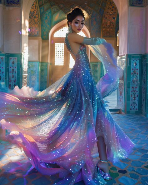 Magical 💙 I was in the mood for some gorgeous magical blue glitter dresses today and cooked up some pretty fashion looks for you! These dresses are perfect for twirling around in your palace on a Sunday afternoon! So, what are you waiting for? Get yours today! #sprinkleofai #aifashion #fashiondesigner #aifashionstyling #aifashiondesign #midjourney #1001nights #magical #arabic #mosaic #blue Galaxy Princess Dress, Magic Outfit Aesthetic, Arabic Mosaic, Magical Gown, Iridescent Aesthetic, Mosaic Fashion, Creative Costuming Designs, Blue Witch, Glitter Dresses