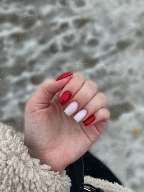 Red And White Manicure, All Red Nails, White Red Nails, Red White Nails, Nails Red And White, Red And White Nails, White Manicure, December Nails, Milky Nails