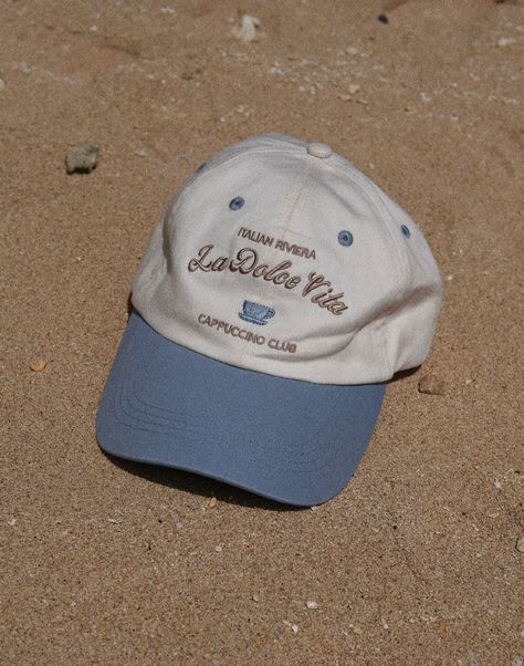 La Dolce Vita' hat dad cap, Italian cafe culture cappuccino hat. Two toned blue & cream dad cap, satin interior ball cap. Embroidered women's Italy baseball cap What To Wear In Italy, Cap Store, Hat Aesthetic, Italian Cafe, Vintage Baseball Caps, Dad Cap, Vintage Cap, Shirt Print Design, Dad Caps