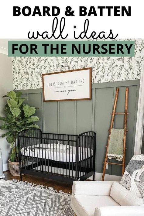 board and batten wall for nursery Batten Wall Nursery, Board And Batten Wall Nursery, Green Baby Nursery, Diy Board And Batten Wall, Nursery Paint Colors, Diy Board And Batten, Nursery Accents, Nursery Accent Wall, Batten Wall