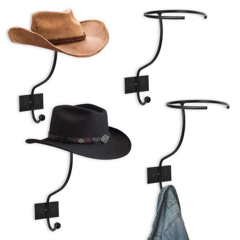 PRICES MAY VARY. 【𝐖𝐞𝐬𝐭𝐞𝐫𝐧 �𝐒𝐭𝐲𝐥𝐞 𝐇𝐚𝐭 𝐑𝐚𝐜𝐤】Our characterful cowboy hat rack is the perfect addition to storing western style hats and home style decor. The horseshoe-shaped design and retro iron design make people fall into the world of cowboys at a glance. The cowboy hat holder for wall can work as a showcase of your hat collection, you can put your hats in various styles on it and then install the rack to the headboard, wall, door and shelf, making your showcase tidier and cle Cowboy Hat Hanger, Cowboy Hat Holder, Metal Cowboy, Cowboy Hat Rack, Western Gifts, Luxury Hats, Hat Holder, Hat Hanger, Hat Storage