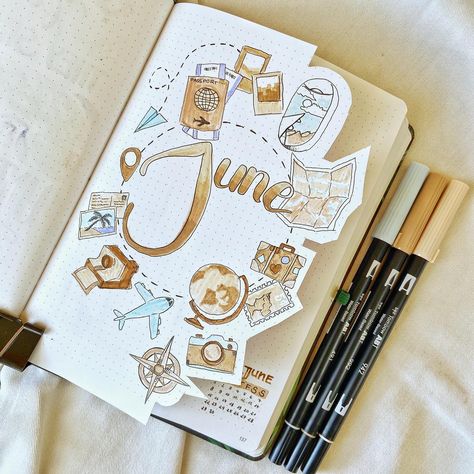 •JUNE COVER PAGE• Heeeey my lovelies 🤗🤎, I could believe that everyone is craving to go on a trip...and the best time for that is the summer ✈️ 🧳 and I am a sucker for traveling 🥺 so it hits me hard that we couldn’t travel right now, but I could spread some travel vibes and feelings with this theme 😍🗺 in a vintage style 📜🤎 I hope you like it 🤗 #june #travel #vintage #summer #bujovintage #traveljournal #junecoverpage #coverpage #beige #light #vintagetrip #wanderlust #travelbujo #bujo # June Bullet Journal Cover Ideas, June Bullet Journal Cover, June Cover Page, June Bullet Journal, Journal Cover Page, Bullet Journal Cover, Bujo Planner, Bullet Journal Ideas Templates, Bullet Journal Cover Page