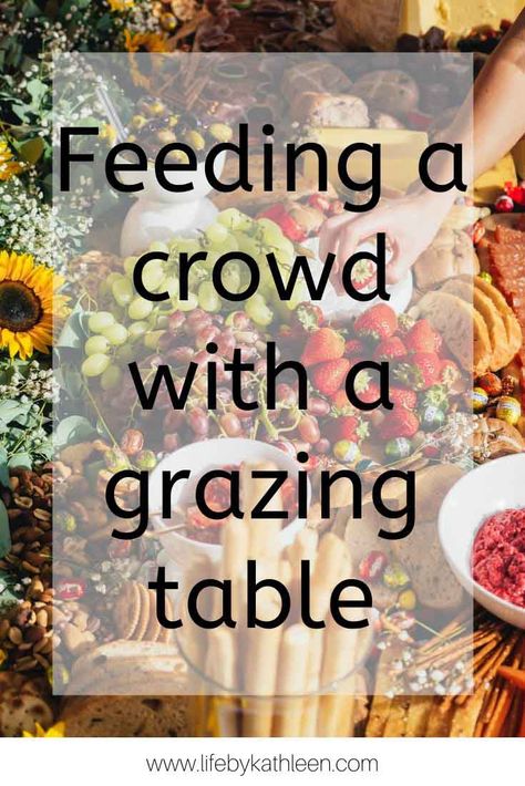 Feeding a crowd is easy with a grazing table. Printable template included Grazing Table For 50 People Shopping List, Grazing Table For 300 People, Inexpensive Grazing Table Ideas, Appetizers For Grazing Table, Foods For Crowds, Party Food Table Decorations, Charcuterie Board Ideas For A Crowd, Food Ideas For 60th Birthday Party, Cocktail Party Grazing Table