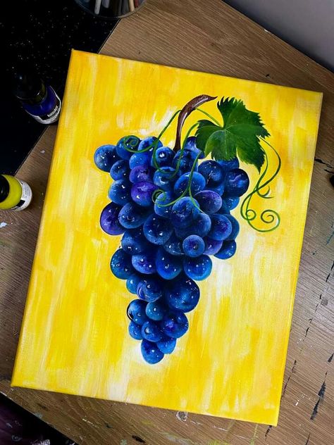 Grapes Acrylic Painting, Grapes Painting, Stamp Painting, Fruits Painting, Acrylic Painting For Kids, Grape Painting, Fruit Art Drawings, Cute Easy Paintings, Canvas Art Painting Acrylic