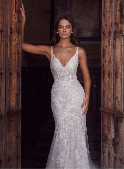 Wedding Dress Sheath, Wedding Dress With Spaghetti Straps, Calla Blanche, Nude Gown, Sheath Wedding Gown, Backless Gown, Wedding 2025, V Neck Wedding Dress, Dream Dresses