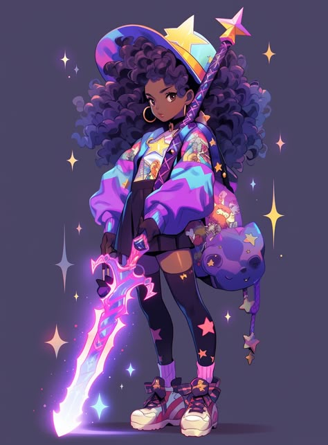 Cute Vtuber Outfit Ideas, Rainbow Hair Character Design, Cosmic Character Design, Dream Character Design, Neon Character Design, Magic Girl Art, Magical Girl Character Design, Black Magical Girl, Magical Girl Oc