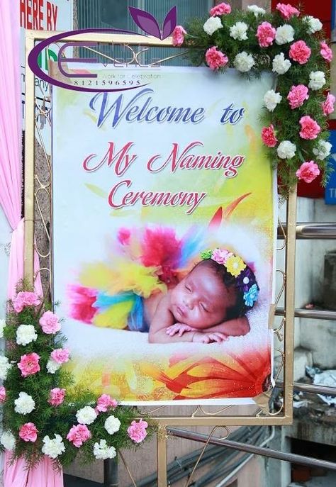 Cradle Ceremony Banner, Cradle Ceremony Welcome Board, Cradle Decoration For Naming Ceremony, Namakaranam Decoration, Baby Name Reveal Ideas Indian, Indian Cradle Ceremony, Naming Ceremony Decorations Indian, Naamkaran Decoration Ideas, Namkaran Decoration Ideas At Home