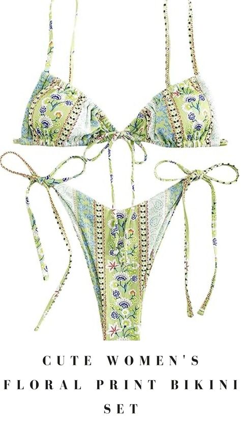 cute women's floral print bikini set under $30! #bikini #swimsuit #bikiniset #summerinspo #summer #inso #summertime #sun #cute #sexy Floral Swimwear, Green Swimsuit, Cute Bathing Suits, Cute Swimsuits, Printed Ties, Cute Woman, Pool Party, Paisley Print, Crochet Bikini