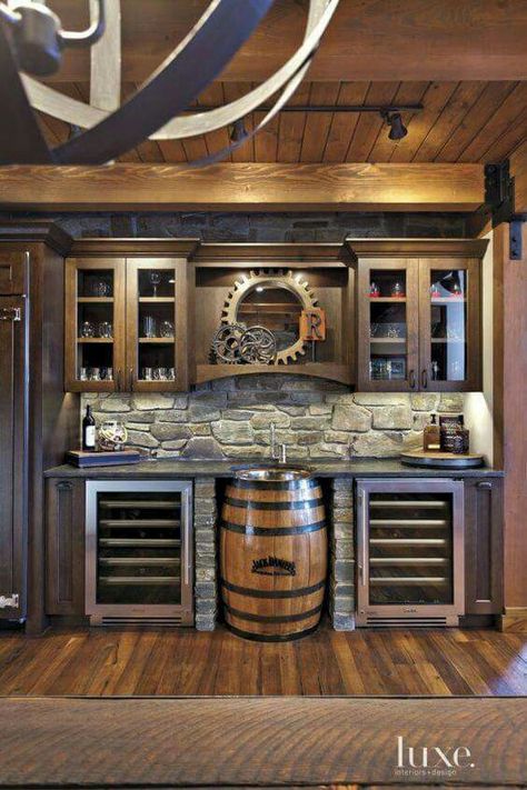 Cool Log Bar Ideas, Outdoor Wet Bar Ideas, Bourbon Room Ideas Rustic, Kitchen Bar Backsplash Ideas, Basement Farmhouse Style, Stone Bar Ideas, Steampunk Basement, Bar Ideas For Home Living Rooms, Unique Bar Ideas