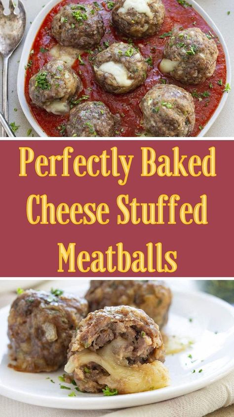 Cheese Stuffed Meatballs are perfectly baked meatballs with a cheesy surprise center! Topped with marinara sauce, you will be satisfied and stuffed yourself after devouring a few of these! If you are really hungry, go ahead and top your spaghetti with a couple of these hearty meatballs! Stuffed Meatballs Baked, Stuffed Meatballs, Baked Meatballs, Cheese Stuffed Meatballs, Meatball Bake, Baked Cheese, Cheese Stuffed, Beef Recipes For Dinner, Meatball Recipes