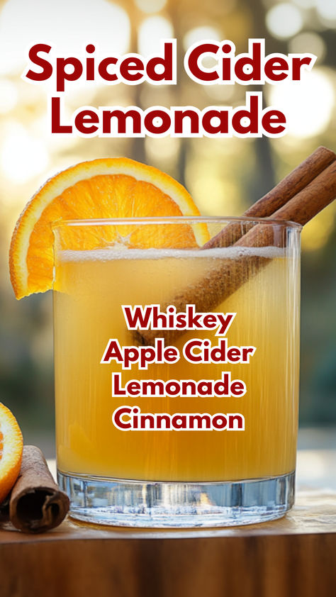 Spiced Cider Lemonade Cocktails Using Apple Cider, Apple Cider Lemonade, Fall Lemonade, Fall Whiskey Cocktails, Lemonade Cocktails, Lemonade Cocktail Recipe, Whiskey Lemonade, Cocktail Cards, Apple Cider Cocktail