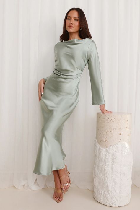 Lovely, this is the classiest dress you need in your events wardrobe. The Classy Vibe Maxi Dress features a silky satin silhouette, and a cowl neck and back with a tie design. Style with heels and curls for your dreamiest 'fit yet. Sage Green Long Sleeve Dress, Green Winter Dresses, Green Long Sleeve Dress, Sage Green Dress, Dress Sage, Tie Design, Clean Girl, Pink Mini Dresses, Family Outfits