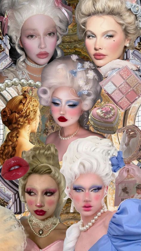 Marie Antoinette makeup looks 💄 Marie Antoinette Black Woman, Marie Antoinette Zombie, Marie Antoinette Fashion Editorial, Marie Antoinette Inspired Makeup, Marie Antoinette Costume Makeup, Marie Antoinette Aesthetic Makeup, Victorian Makeup Aesthetic, Marie Antoinette Makeup Halloween, Marie Antoinette Makeup Modern