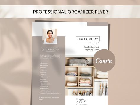 📣 Are you a professional organizer looking for a customizable professional organizer flyer to advertise your business and get more clients? Our professional organizer template is modern, editable and perfect for you! ✨ Easily fill in your home organization logo, headshot, organization photo, services, contact info, social media in matter of minutes. ⭐️ What's Included in the professional organizer flyer? * PDF file with the link to your Canva template * US letter size (8.5 x 11 in) & A4 paper s Professional Organizer Business Cards, Professional Organizer Logo, Canva Ideas Design, Organization Pictures, Organization Logo, Professional Organizer Business, Organizing Business, Template Design Ideas, Organizer Template