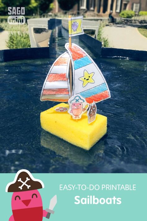 Diy Boat For Kids That Float, Sponge Crafts, Sailboat Craft, Spring Break Camping, Stem Activities Preschool, Boat Theme, Boat Flags, Mini Printables, Sea Activities