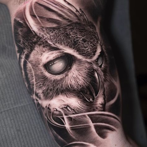 Tattoo Ideas Owl, Black And Grey Realism Tattoo, Owl Skull Tattoos, Scary Owl, Black And Grey Realism, Dallas Tattoo, Inner Bicep Tattoo, Animal Tattoo Ideas, Owl Tattoo Design