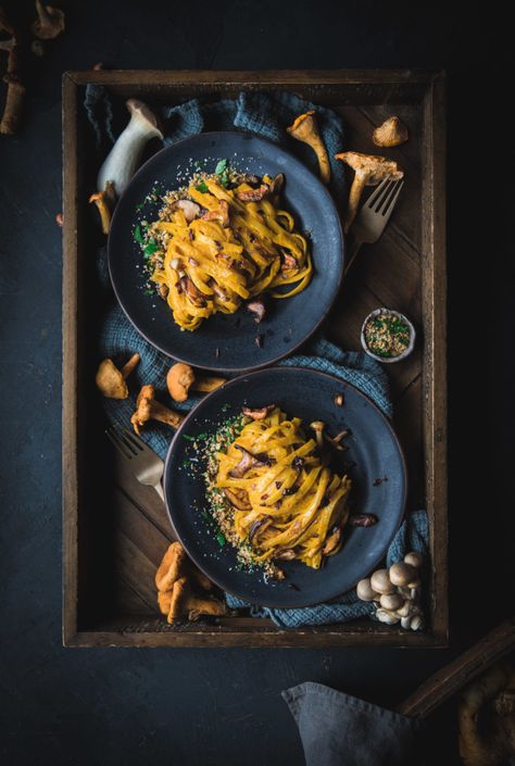 Creamy Squash and Hazelnut Fettuccine with Sautéed Mushrooms | Adventures in Cooking Creamy Squash, Vegan Food Photography, Rustic Food Photography, Barilla Pasta, Moody Food Photography, Sautéed Mushrooms, Easy Tomato Sauce, Dark Food Photography, How To Roast Hazelnuts