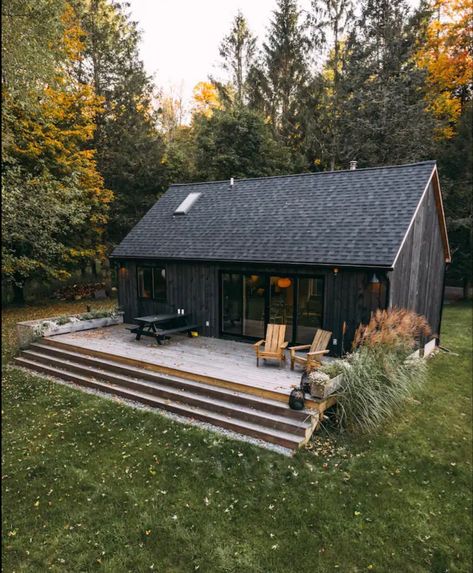 Black Cabin, Sliding Patio Doors, Small Cabin, Cabin In The Woods, Modern Cabin, Cabin Design, Windsurfing, Private Patio, Cathedral Ceiling