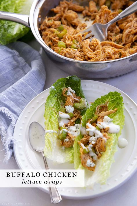 Make Delicious and healthy buffalo chicken lettuce wraps! Our whole family loves this recipe for dinner, an appetizer, or football game day food! Dip For Chicken, Buffalo Chicken Lettuce Wraps, Spicy Buffalo Chicken, Buffalo Chicken Wraps, Healthy Buffalo Chicken, Grape Salad, Chicken Lettuce Wraps, Sauteed Chicken, Cook Chicken Breast