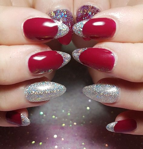 Red And Silver Manicure, Red And Silver Sparkly Nails, Christmas Nails Silver And Red, Red Nails With Sparkle Tips, Red Nails Silver Tips, Red Nails Silver Glitter, Red Nails With Silver Tips, Red And Silver Nail Designs For Prom, Red And Silver Nails Acrylic