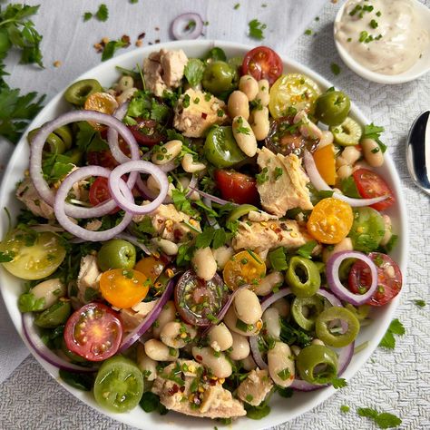 Tuscan Style Tuna Salad with Anchovy Mayo Salad With Anchovies, Anchovy Dressing, Seafood Menu, Seafood Market, Salad Leaves, Fresh Chives, Tuscan Style, Tuna Salad, Dinner Salads