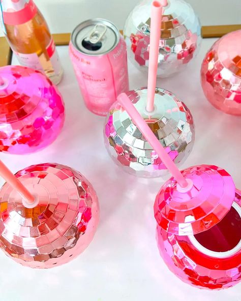 Hot Pink Disco Ball, Disco Ball Cups, Barbie Edition, Bachelorette Disco, Disco Ball Cup, Pink Disco Ball, Hot Pink Birthday, Barbie Bachelorette, Pink Party Theme