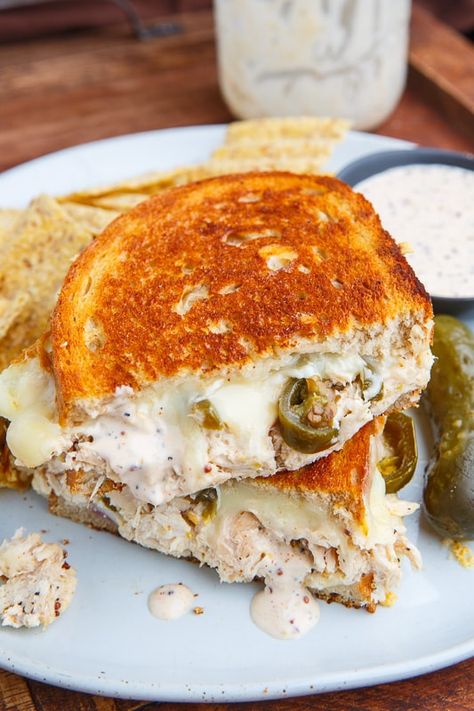 White BBQ Chicken Grilled Cheese Sandwich White Bbq Chicken, Bbq Chicken Grilled Cheese, Chicken Grilled Cheese Sandwich, Chicken Grilled Cheese, Buffalo Chicken Grilled Cheese, Easy Grilled Cheese, White Bbq Sauce, Grill Sandwich, Gourmet Grilling