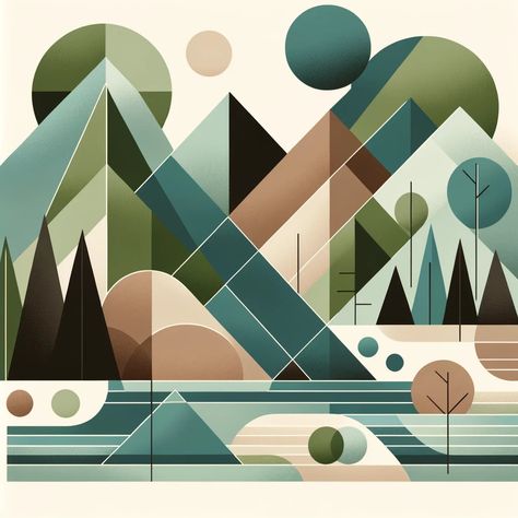 Geometric Landscape Canvas Art Using Geometric Shapes, Geometrical Composition Design, Aesthetic Geometric Art, Drawing Using Geometric Shapes, Square Composition Art, Geometric Abstract Art Painting, Geometric Landscape Art, Triangle Abstract Art, Abstract Tree Drawing