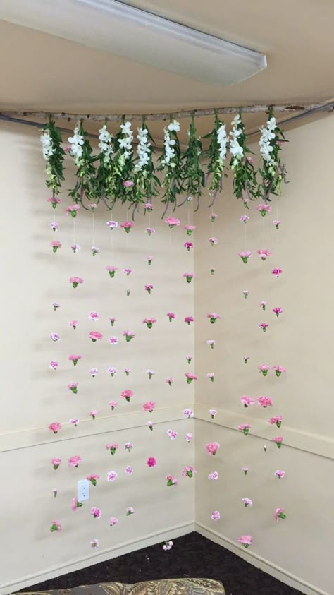 Handmade flower curtain - took me close to 8hrs but it really turned out to be pretty neat looking. I used carnations and orchids Simple Flower Backdrop, Curtain And Flower Backdrop, Diy Flower Curtain Backdrop, Flower Curtain Diy, Curtain Made Of Flowers Wedding Backdrop, Simple Floral Backdrop, Flower Wall Curtain Photo Backdrops, Hanging Flowers Backdrop, Carnation Hanging Backdrop