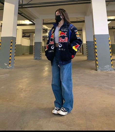 90s Streetwear Aesthetic, Racing Jacket Outfit, F1 Redbull, Vintage Racing Jacket, Preppy Aesthetic Outfits, Nascar Jacket, Vintage Nascar, Y2k Preppy, Classic Denim Jacket