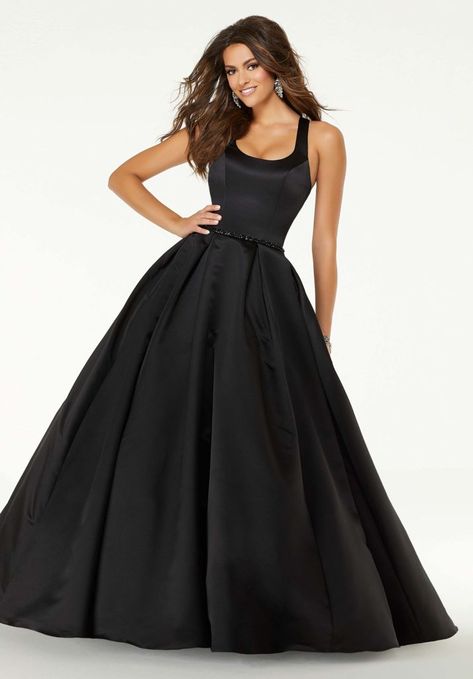 Classic satin ballgown, accented by a beaded waistband, scoop neckline, and surprise keyhole back. Dress Thick Straps, Chic Formal Dress, Ballgown Prom Dress, Black Ball Gown, Prom 2020, Black Evening Gown, Prom Dress Styles, Prom Dresses For Sale, Formal Dresses Gowns