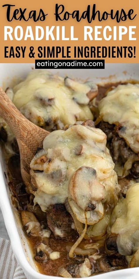 Homemade Texas Roadhouse Roadkill Recipe is a delicious hamburger steak smothered in a cheese, onions and sauce. This recipe easy to make. This copycat recipe is easy to make and taste amazing. The texture of the burgers is full of flavor and delicious. It is made with basic ingredients that you can easily find at the store. #eatingonadime #texasroadhouseroadkill #copycattexasroadhouserecipe Texas Roadhouse Roadkill, Chopped Steak Recipes, Hamburger Meat Recipes Easy, Hamburger Steak Recipes, Baked Steak, Chopped Steak, Hamburgers Grilled, Simple Family Meals, Hamburger Steak